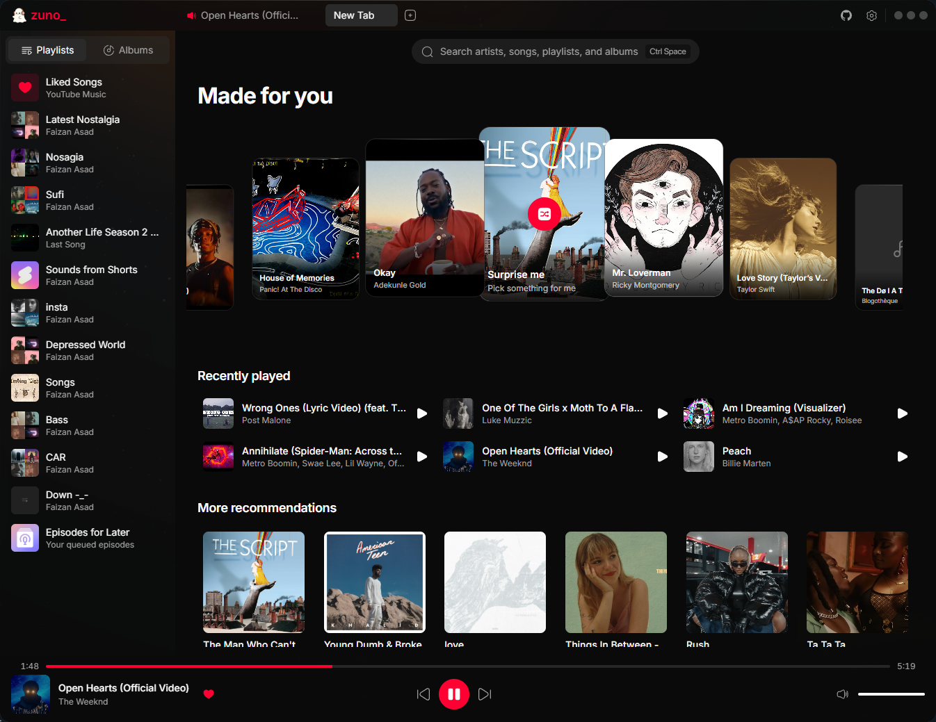 Zuno desktop client for YouTube Music